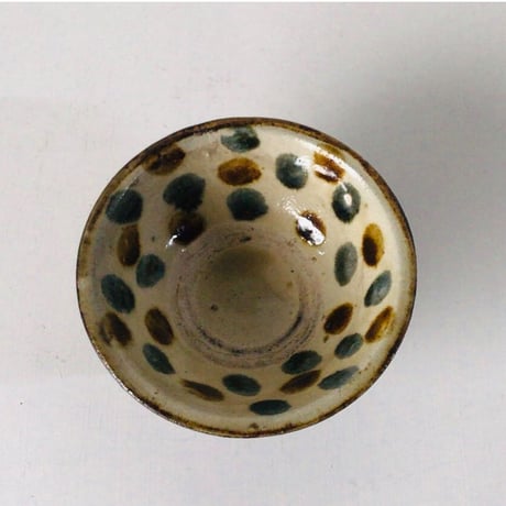 古いやちむん 5寸ワンブー (茶碗・中鉢)　内 紺茶 点打  民藝 沖縄 焼物 うつわ 器　好配色 美品
