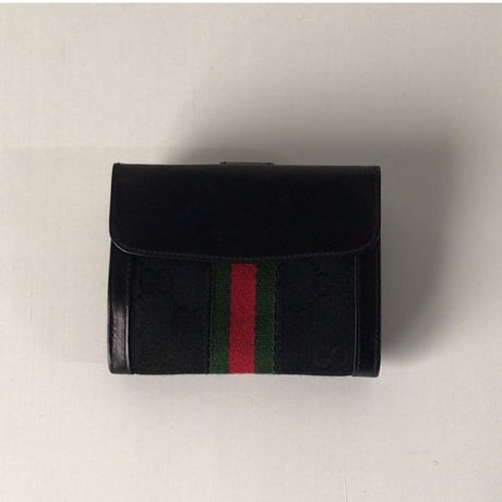 GUCCI オールドグッチ 2つ折りWホックコンパクトウォレット ミニ財布 レザー/ GGキャンバス ブラック 極美品　ヴィンテージウォレット