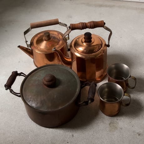 Old COPPER100 HOMEWARE 新光金属 コッパー100 ホームウェア 純銅ヴィンテージ コルドロン 両手鍋 20cm 木製ハンドル 木製摘み  ヴィンテージキッチンツール  中古良品