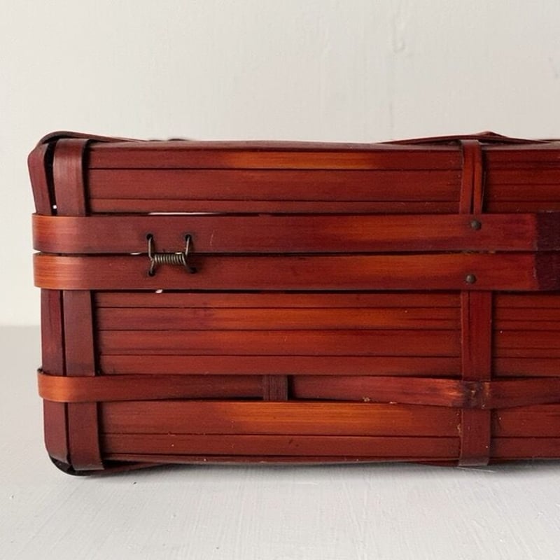 アンティーク 蓋付き竹編ボックス ひしぎ編み 蓋格子編み 楔ロック鍵