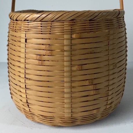筒型持ち手付竹籠  22cm ワンハンドル竹編みかご  手提げカゴ 白木 竹細工 工芸品  手仕事 クラフト  木べら立て 屑籠  ほぼ完品