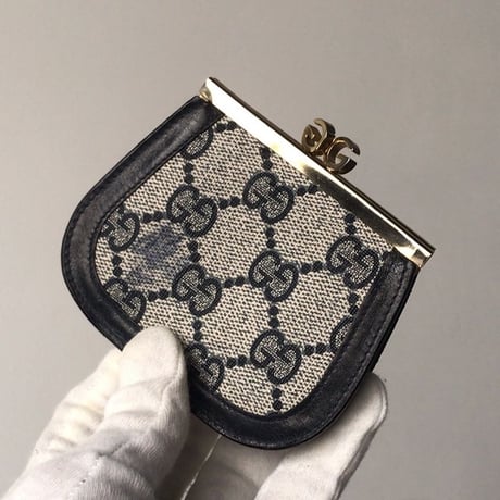 GUCCI グッチ オールドグッチ コーティングGGキャンバス/レザー ガマ口  コインケース  ネイビー ヴィンテージ 中古美品