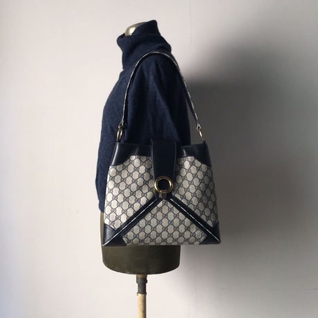 GUCCI グッチ オールドグッチ コーティングGGキャンバス/レザー ショルダー バッグ ネイビー ヴィンテージ 中古美品