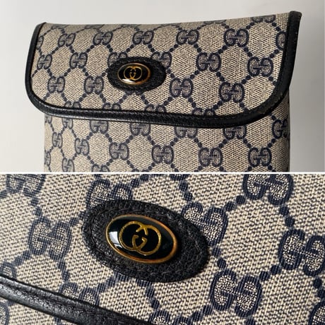 GUCCI オールドグッチ  GG柄コーティングキャンバス フラップ付ミニポーチ ネイビー  ヴィンテージポーチ 18.5cm