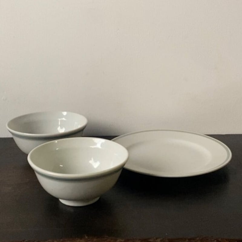 ヴィンテージボウル 2点セット 白磁器グリーンライン 戦中 統制陶磁器