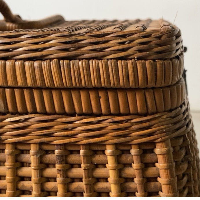アンティークラタンバスケット手提げ籠丸型籐カゴブロカント