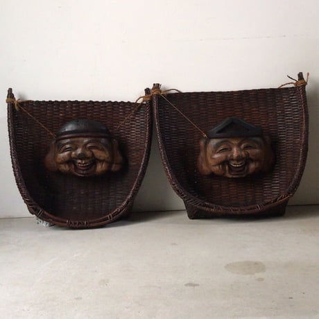 大正時代  珍品希少 恵比寿大黒天 福箕一対 ざる一対  木製お面 七福神 十日えびす 十日戎 えべっさん  商売繁盛 縁起物  黒光最高のエイジングです。