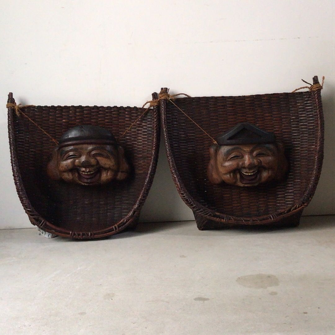 大正時代 珍品希少 恵比寿大黒天 福箕一対 ざる一対 木製お面 七福神
