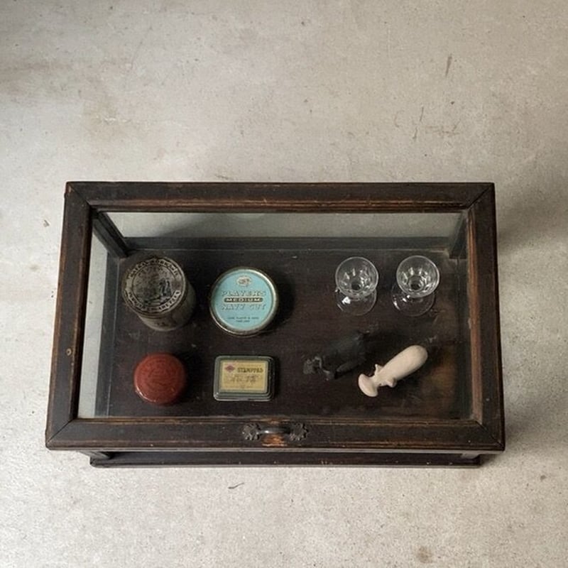 アンティーク 卓上ショーケース 木枠＋ゆらゆらガラス 上開き ガラス