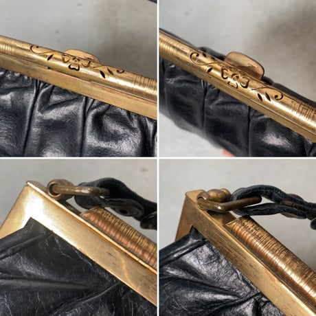 ヴィンテージ パーティバッグ  ブラックレザー/真鍮がま口  ギャザーデザイン ストラップは2way仕様  50s60s 中古良品
