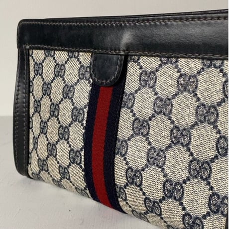 GUCCI PARFUMS  グッチパフューム オールドグッチ  コーティングGGキャンバス/レザー シェリーライン 紺赤  23cm 小型  ヴィンテージ コスメ ポーチ 化粧ポーチ