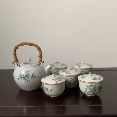 松風 古い茶器セット(急須+蓋茶碗5客) 桃柄 桃図 植物画   竹持ち手 湯呑 煎茶器