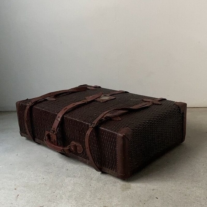 昭和初期 古い柳行李のトランク レザーバンド/レザーハンドル/レザー