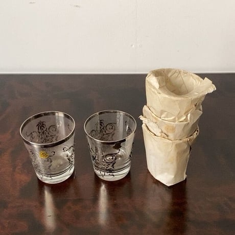 TOYO-SASAKI GLASS  東洋佐々木ガラス 昭和期 デッドストック ガラスコップ5個セット  銀プリント シール有り 未使用品  ロックグラス兼デザートカップ兼ディナーグラス ヴィンテージ