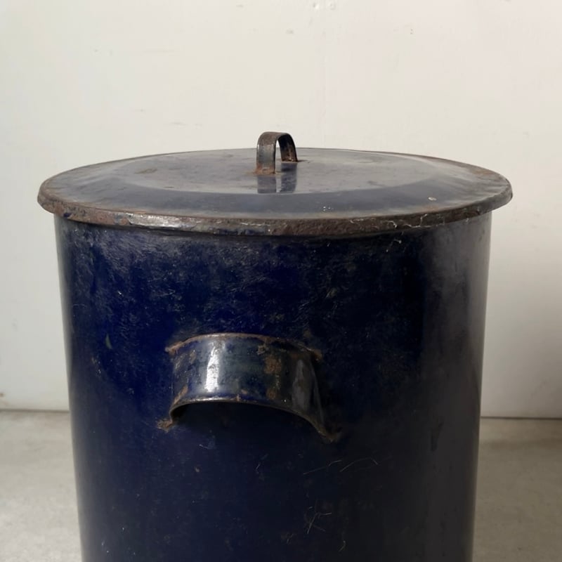 古いホーロー 特大 蓋付き キャニスター ダークネイビー ヴィンテージ