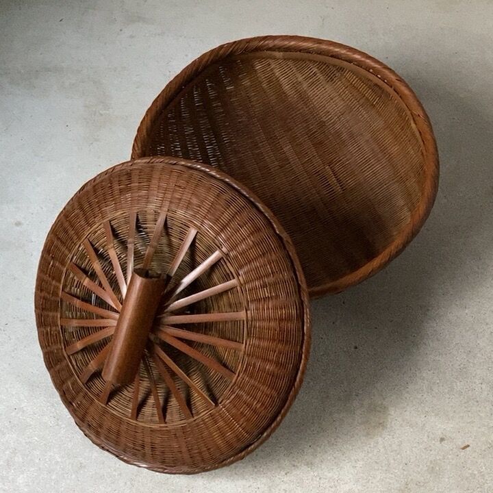 古い竹編みの水切り籠(蓋付き) 昭和初期 竹編み 工芸品 竹工芸 古民藝