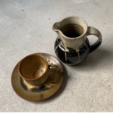 昭和期コーヒーカップ&ソーサー6客セット 窯元不明 黄釉 民藝 傷無し完品