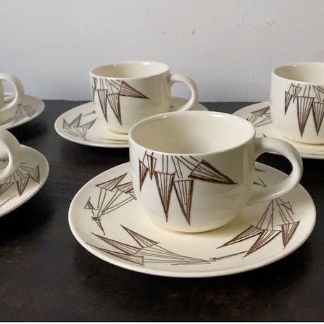 知山窯 コーヒーカップ&ソーサー5客セット 白磁＋幾何学模様絵付 ダークブラウン 傷無し完品