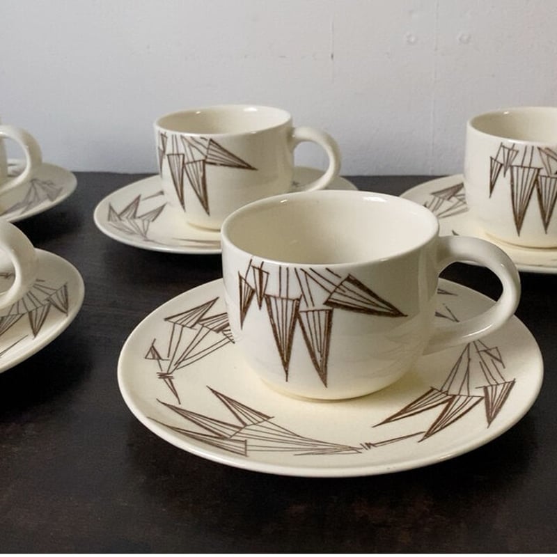 知山窯 コーヒーカップ&ソーサー5客セット 白磁＋幾何学模様絵付