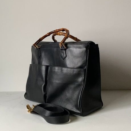 GUCCI オールドグッチ  バンブーレザーバッグ 2wayショルダー付き トートバッグ ハンドバッグ ブラックスムースレザー/ゴールド金具 70s80s ヴィンテージグッチ