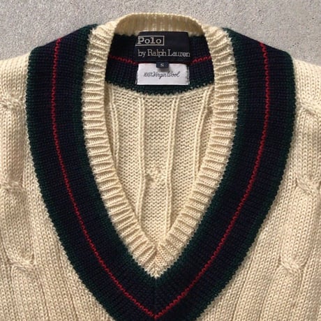 Polo by Ralph Lauren ポロ ラルフローレン　80sヴィンテージ  ケーブル編み Vネック チルデンセーター  size S   ウール100%  好配色