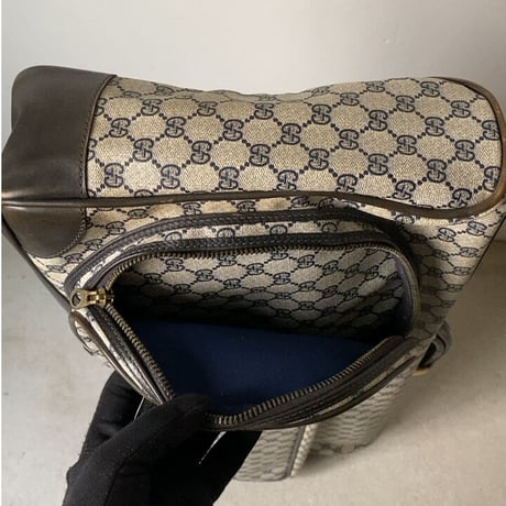 GUCCI オールドグッチ テニスラケット収納付 スポーツバッグ  GGコーティングキャンバス/レザー  ネイビー  ヴィンテージ グッチ テニスバッグ レアアイテム 希少珍品 中古美品