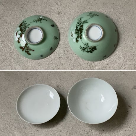 古い中国の蓋茶碗(飯椀) 4客セット(5客ですが1点蓋にホツがあるため実質完品4客での御提示) 花紋様 青磁色磁器 ヴィンテージ食器 テーブルウェア