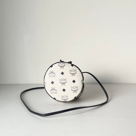 MCM オールドエムシーエム ヴィセトス柄 モノグラム ホワイト 総レザー 巾着ミニショルダーバッグ ポシェット 中古良品