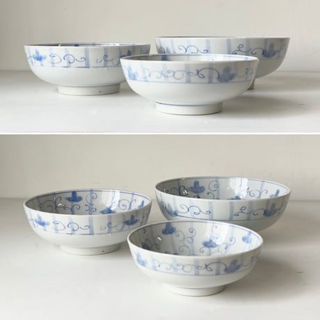 明治期 古い染付の入れ子鉢 (3鉢) アサガオ 蔓 絵  薄色  完品