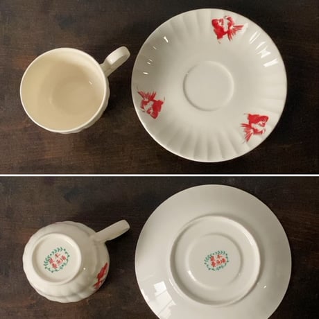 古作 金魚柄 コーヒーカップ＆ソーサー 6客セットデッドストック  昭和中期 戦後　箱有  完品