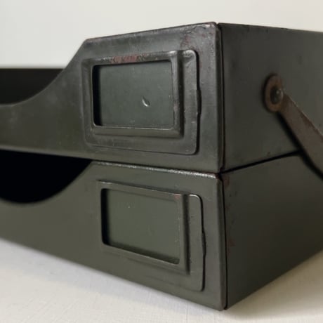 カカシ ヴィンテージ スチール製2段トレー 書類トレー 書類ケース ミリタリーグリーン ダークグリーン 鉄のトレー アンティーク文具 ジャパンヴィンテージ 良品