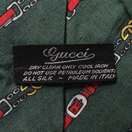 GUCCI  オールドグッチ  ヴィンテージ ネクタイ 筆記体ロゴ シルク100%  グリーンベース GGチェーンベルト柄 レジメン 中古美品