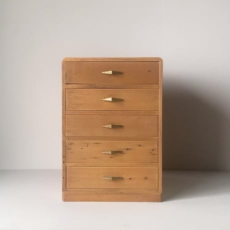 古い楢無垢材の小引き出し 5杯 ダイヤ型金属摘み 無塗装 ナチュラル木肌 ジャパンヴィンテージ