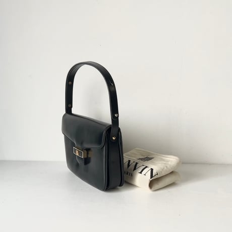 80s VINTAGE LANVIN レザー 2wayショルダーバッグ/ハンドバッグ  フランス製 総革 黒/ゴールド金具 金ロゴ ブラック ヴィンテージバッグ オールドランバン 保存袋付 中古良品