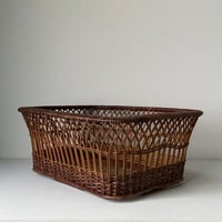 古い脱衣籠  ラタン2トーンカラー 飾り紋様 ヴィンテージ バスケット 昭和期