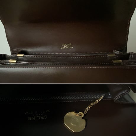 CELINE オールドセリーヌ 馬車金具 ダークブラウン ゴールド金具 ボックスカーフ 80s 90s ヴィンテージセリーヌ グッドコンディション
