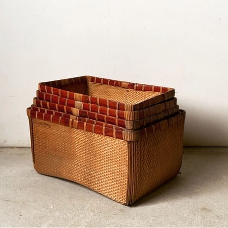 入れ子の柳行李  5点セット 昭和初期 竹縁のある手工芸品 編み籠 編み箱 天然素材 コンディション良好範疇ですが1点ダメージ有。