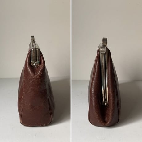 ヴィンテージ がま口 クラックバッグ ポーチ セカンドバッグ  レザー ボルドー系ブラウン 60s70s マチ有り 蛇腹開口 革鞄