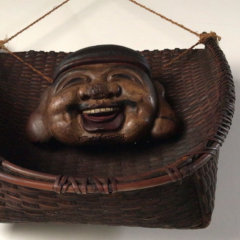 大正時代 珍品希少 恵比寿大黒天 福箕一対 ざる一対 木製お面 七福神