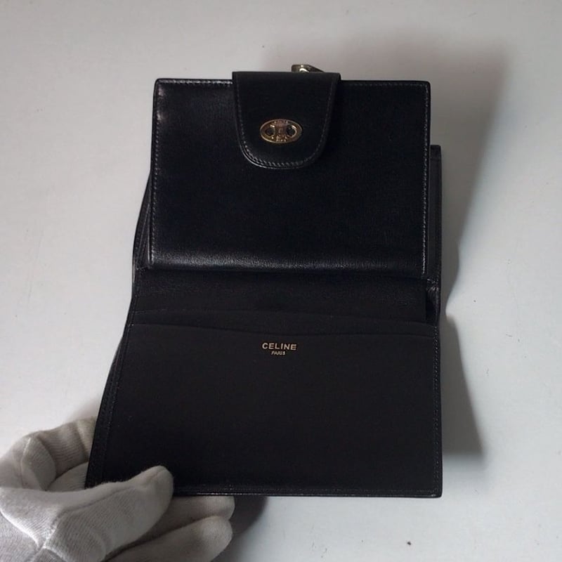CELINE セリーヌ ガマ口 コンパクト財布 マカダム カーフレザー CELINE セリーヌ ガマ口 コンパクト財布 マカダム カーフレザー