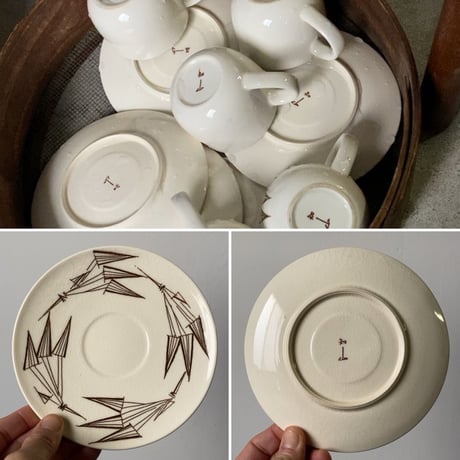 知山窯 コーヒーカップ&ソーサー5客セット 白磁＋幾何学模様絵付 ダークブラウン 傷無し完品