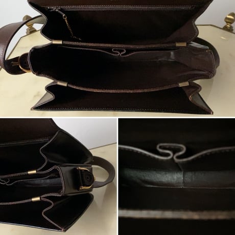 CELINE オールドセリーヌ 馬車金具 ダークブラウン ゴールド金具 ボックスカーフ 80s 90s ヴィンテージセリーヌ グッドコンディション