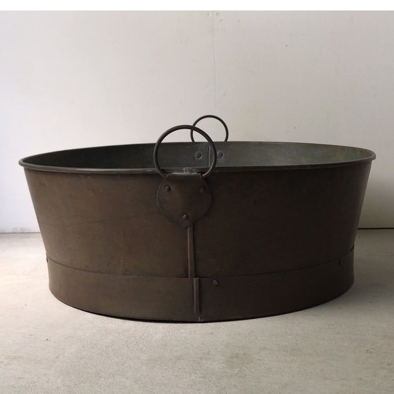 大きな古い銅のタライ 可動双耳 持手 完品 ヴィンテージ