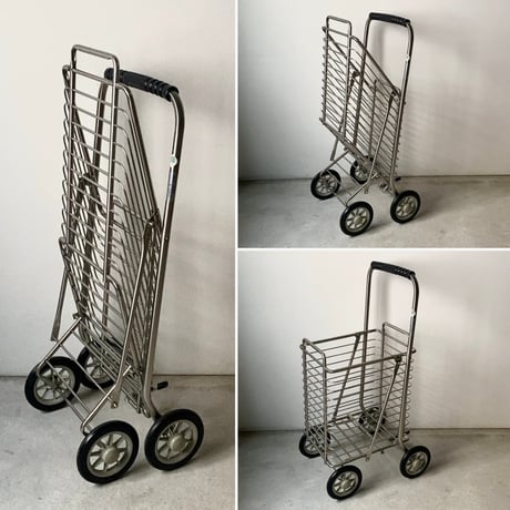 富田工業株式会社 ショッピングカート SC-01 ステンレス製 折り畳み式  買物籠 大容量 4輪 ストッパーレバー 黒グリップ キャリー キャスターワゴン シンプルデザイン 完品