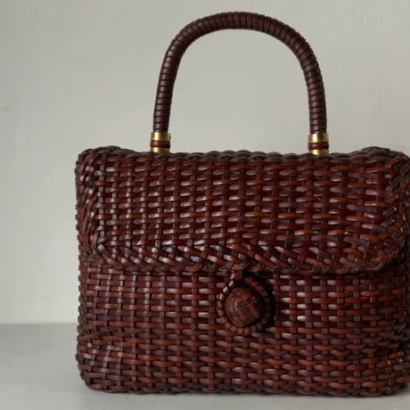 70s VINTAGE bag  OFFEL paris  オフィール パリス　レザー総編みハンドバッグ ケリー型 イントレチャート ブラウン クルミボタン 本革 革編み 中古良品