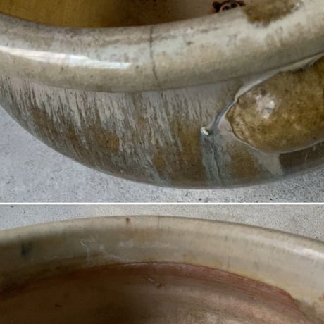 古い火鉢 33cm 茄子型 持ち手 足付き メダカ鉢 水栽培器 睡蓮鉢 ビオトープ鉢 ガーデニング 絞り釉 重ね掛け釉 二重掛け釉薬  堤焼き 古甕