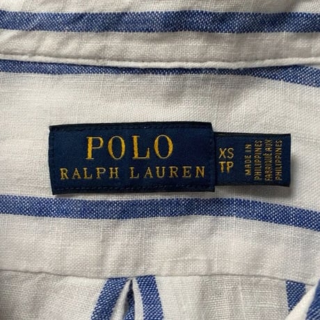 POLO RALPH LAUREN ポロ ラルフローレン 2020年製 クロップドリネンシャツ 白/青ストライプ ドロップショルダー size XS  USED 美品