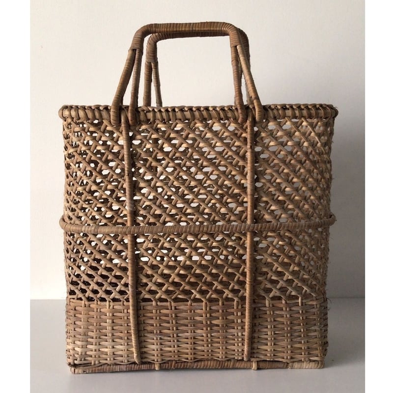 アンティーク カゴバッグ 縦型 大きめ 無傷 完品 編み方に変化があり