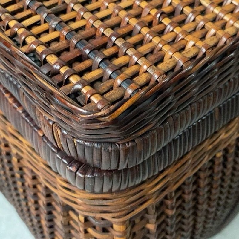 ヴィンテージ ピクニック バスケット 色見最高 黒輝 古い編みかご 籐