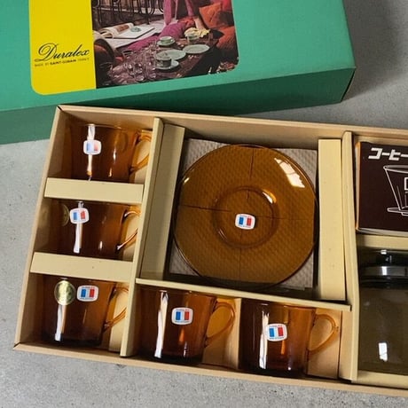 DURALEX デュラレックス 1970年代 ヴィンテージ カップ&ソーサー アンバー 耐熱ガラス器 + ドリッパー等々珈琲グッズ  デッドストック未使用品